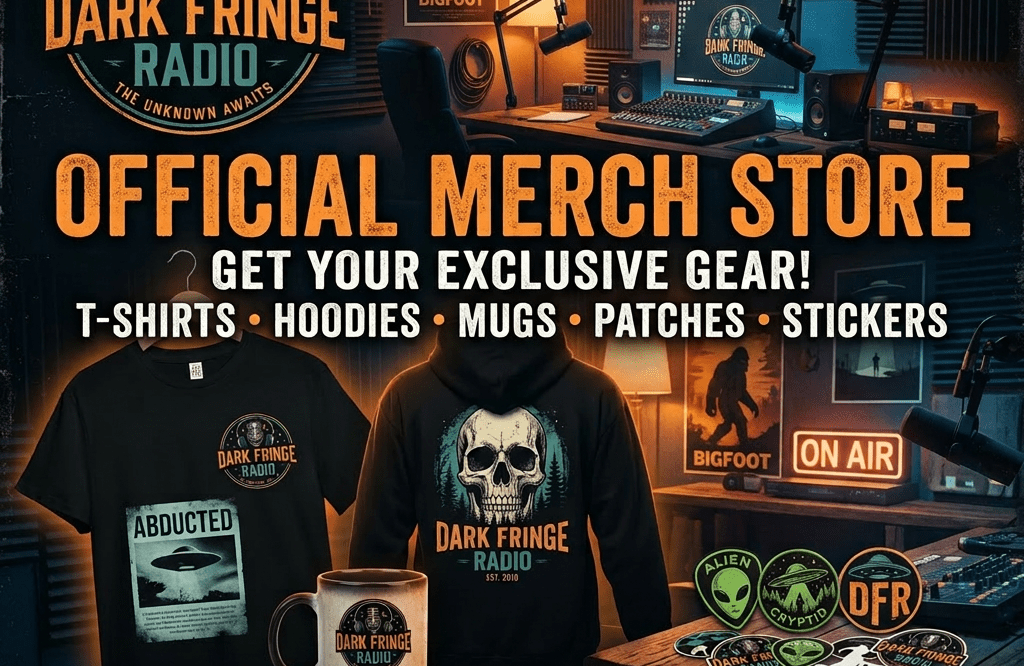 Dark Fringe Radio official merch store showing T-shirt, hoodie, mug, and patches with alien and skull designs